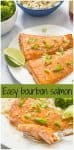 Easy bourbon salmon requires a quick marinade for the salmon filets in a soy sauce, bourbon and brown sugar mixture for a fast weeknight dinner! | www.familyfoodonthetable.com