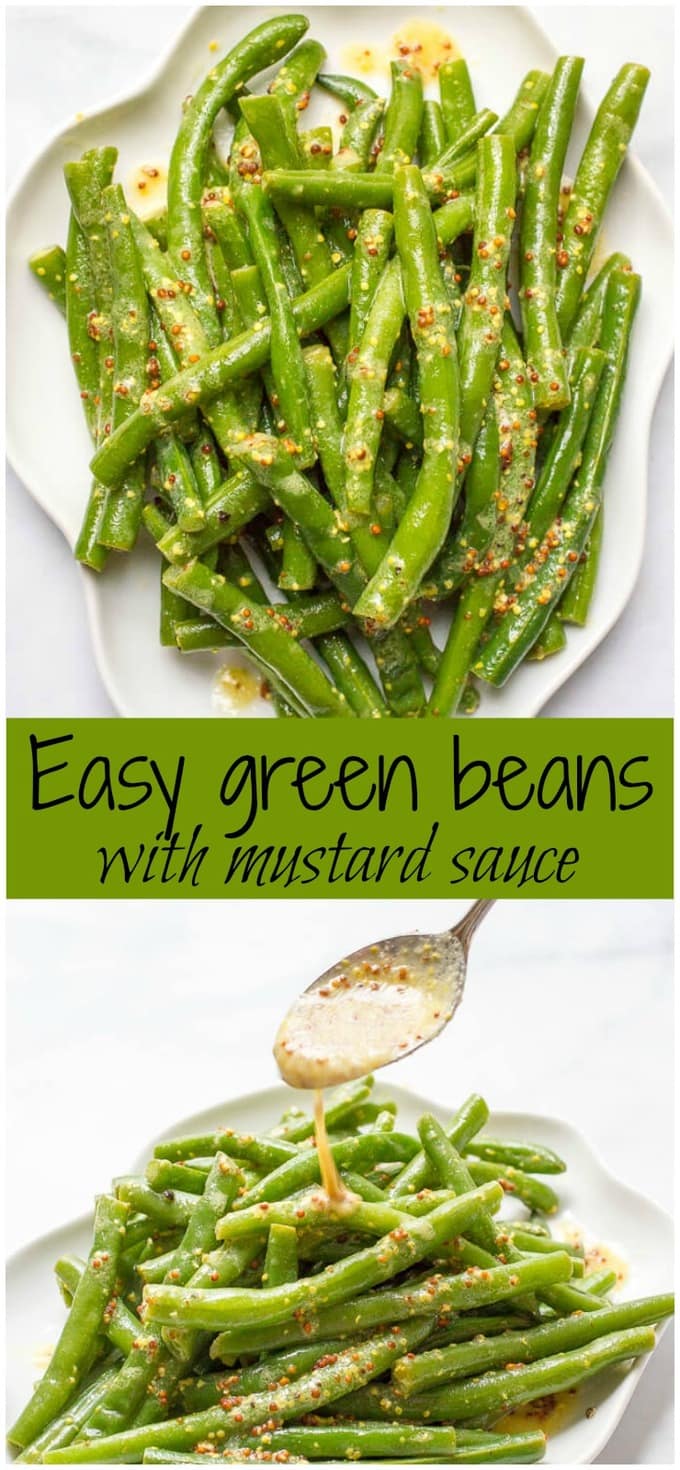 Green beans with mustard butter sauce is a quick and easy side dish with rich, tangy flavor and only 5 ingredients! | www.familyfoodonthetable.com