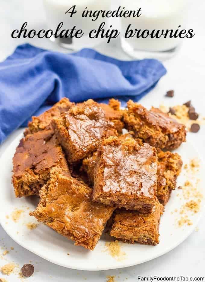 Chocolate chip brownies have just 4 ingredients (no box mixes) and come out chewy and perfectly sweet - a great, easy dessert! | www.familyfoodonthetable.com