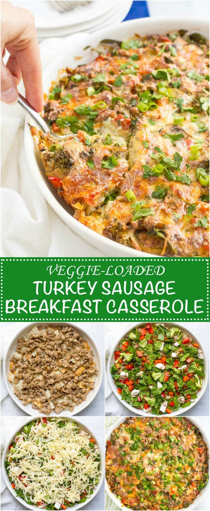 Make-ahead healthy turkey sausage breakfast casserole is an easy, veggie-packed, lightened up version of your favorite breakfast casserole! Great for Christmas morning! #breakfastcasserole #Christmasbreakfast #Christmasbrunch #brunchrecipes