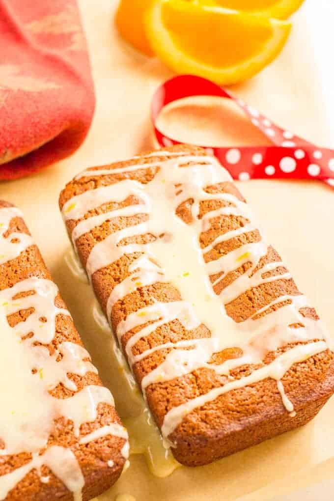 Mini gingerbread loaves with an easy orange glaze make a fun, festive holiday treat and a great gift for teachers, neighbors and friends! #gingerbread #baking #holidaybaking #holidaytreats #holidaygifts #foodgifts #Christmastreats