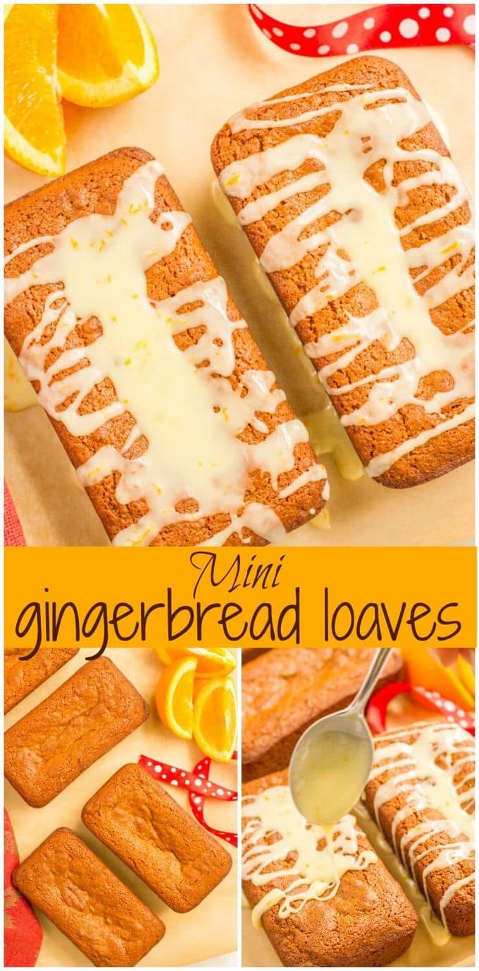 Mini gingerbread loaves with an easy orange glaze make a fun, festive holiday treat and a great gift for teachers, neighbors and friends! #gingerbread #baking #holidaybaking #holidaytreats #holidaygifts #foodgifts #Christmastreats