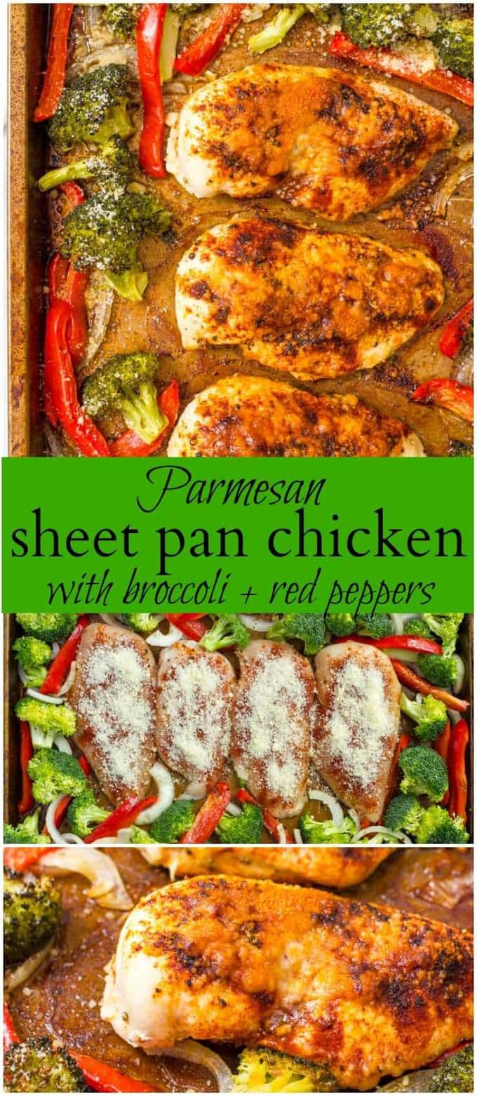 Parmesan sheet pan chicken and broccoli with bell peppers makes for an easy, hands-off healthy dinner! Gluten free and low-carb | www.familyfoodonthetable.com