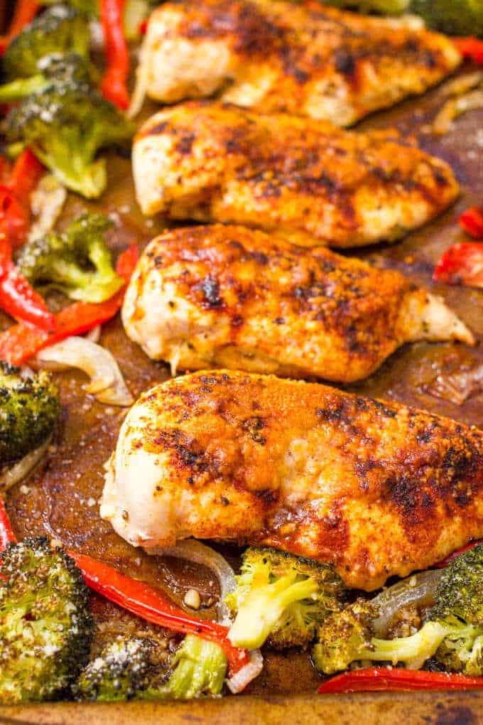 Parmesan sheet pan chicken and broccoli with bell peppers makes for an easy, hands-off healthy dinner! Gluten free and low-carb | www.familyfoodonthetable.com