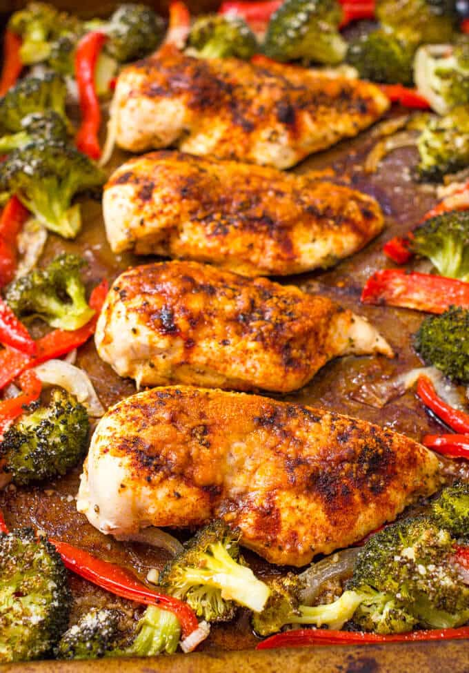 Parmesan sheet pan chicken and broccoli with bell peppers makes for an easy, hands-off healthy dinner! | www.familyfoodonthetable.com