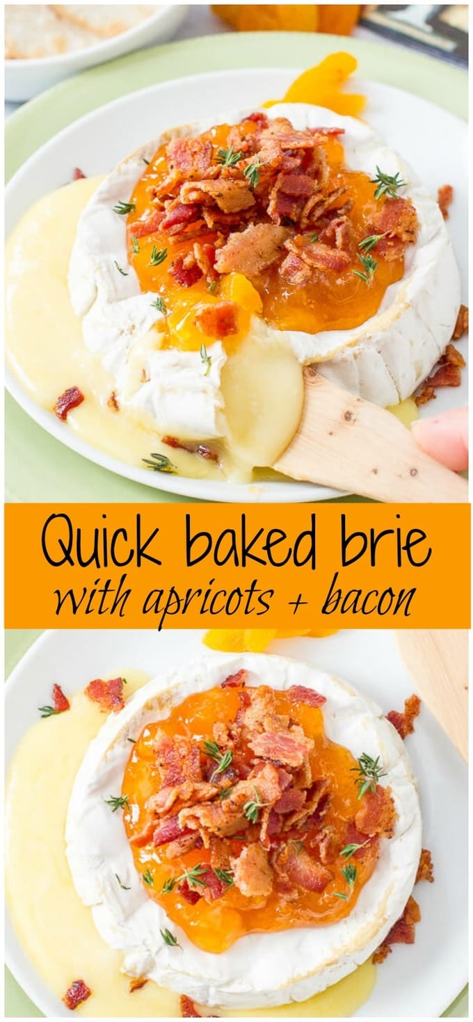 Easy microwave baked brie with apricots, thyme and bacon is a super fast way to make a delicious, impressive appetizer! | www.familyfoodonthetable.com