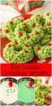 Close up of a red holiday plate with a stack of green dyed wreath shaped rice krispie treats dotted with red hots for decoration.