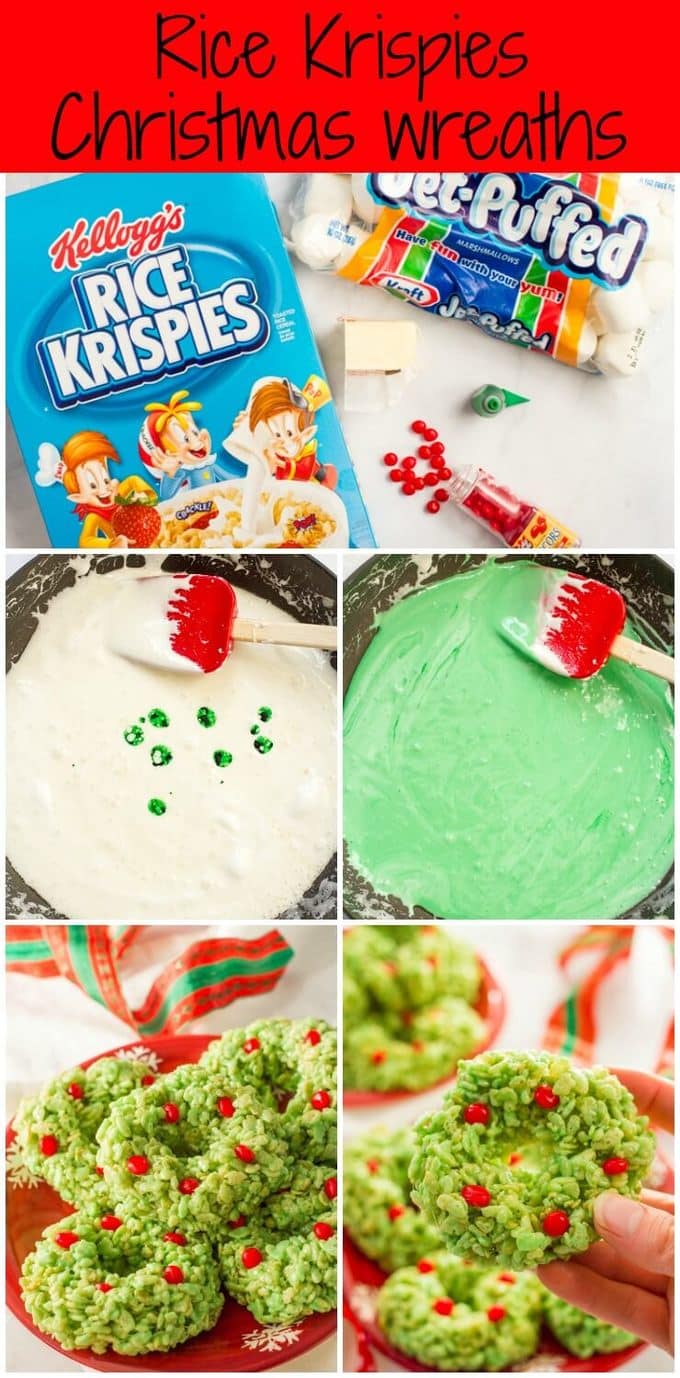 A collage of photos of how to make wreath rice krispie treats that are dyed green and decorated with red hot candies.