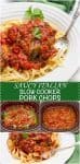 A collage of photos on how to make slow cooker pork chops in a rich tomato sauce.