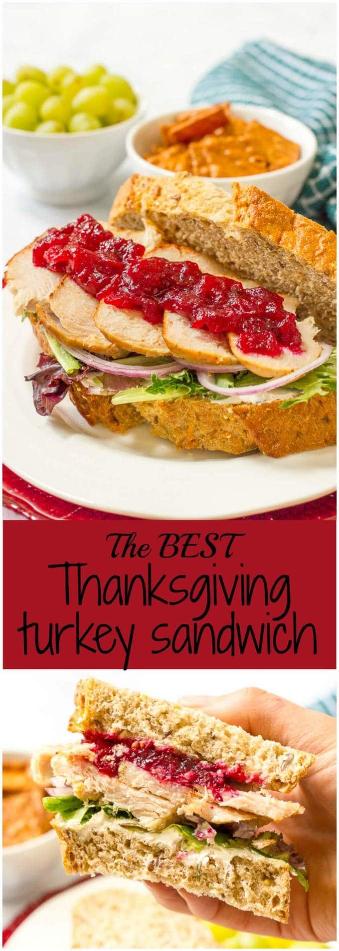 Leftover Thanksgiving turkey sandwiches with cream cheese, cranberry sauce, greens and red onion - a delicious easy lunch! | www.familyfoodonthetable.com