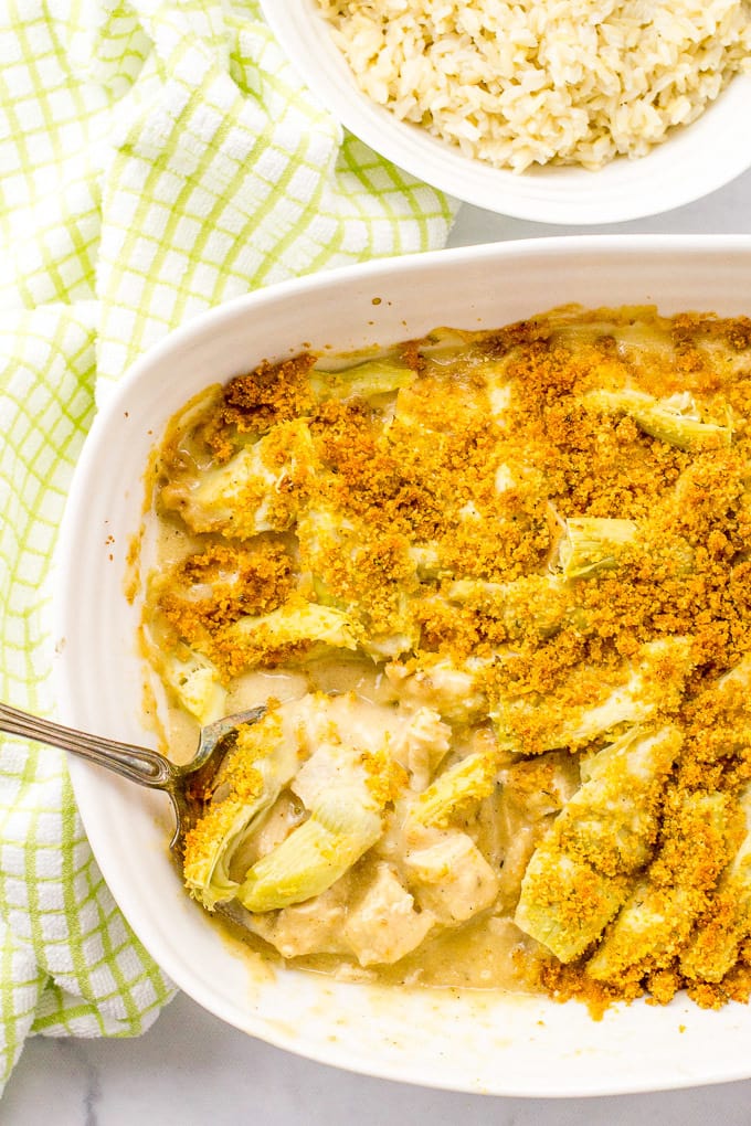 Creamy turkey artichoke casserole | www.familyfoodonthetable.com