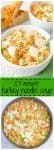 A collage of photos for a turkey noodle soup with veggies and mozzarella cheese.