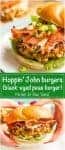 A collage of black eyed pea burgers with bacon and green onions and a text block in the middle.