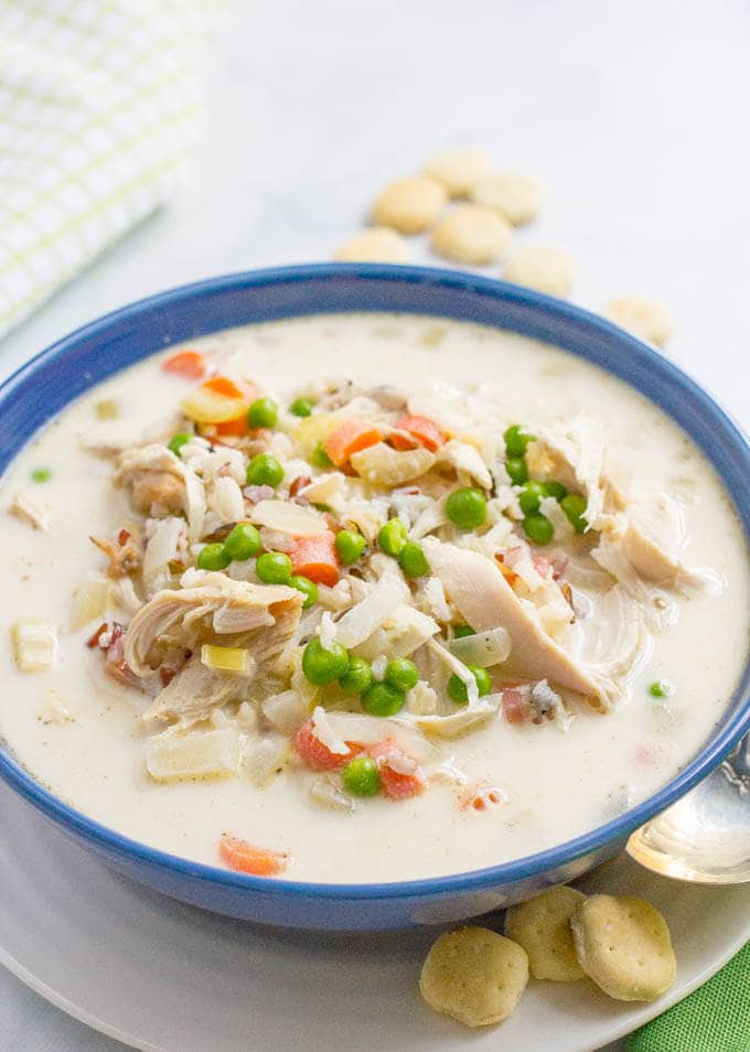 Healthy creamy chicken and wild rice soup - a 30-minute meal filled with veggies and deliciously creamy but light!