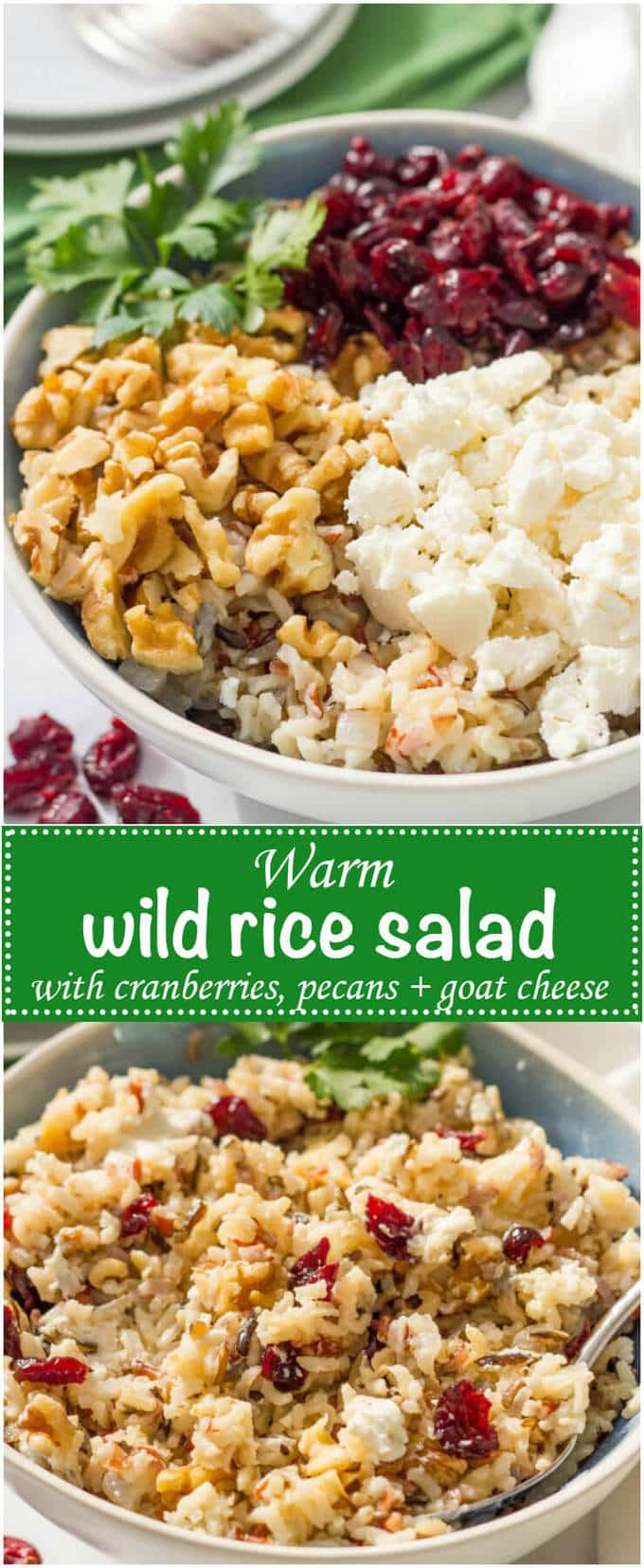 Warm wild rice salad with cranberries, pecans and goat cheese is a delicious combination of flavors and textures - perfect for a holiday side dish! | www.familyfoodonthetable.com