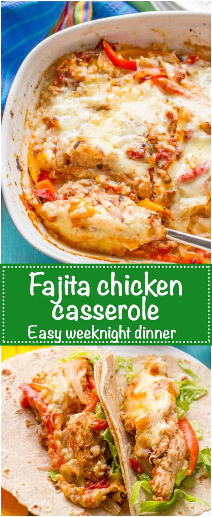 Healthy chicken fajita casserole with brown rice and a cheesy topping is an easy recipe that’s great for a hands-off weeknight family dinner | www.familyfoodonthetable.com