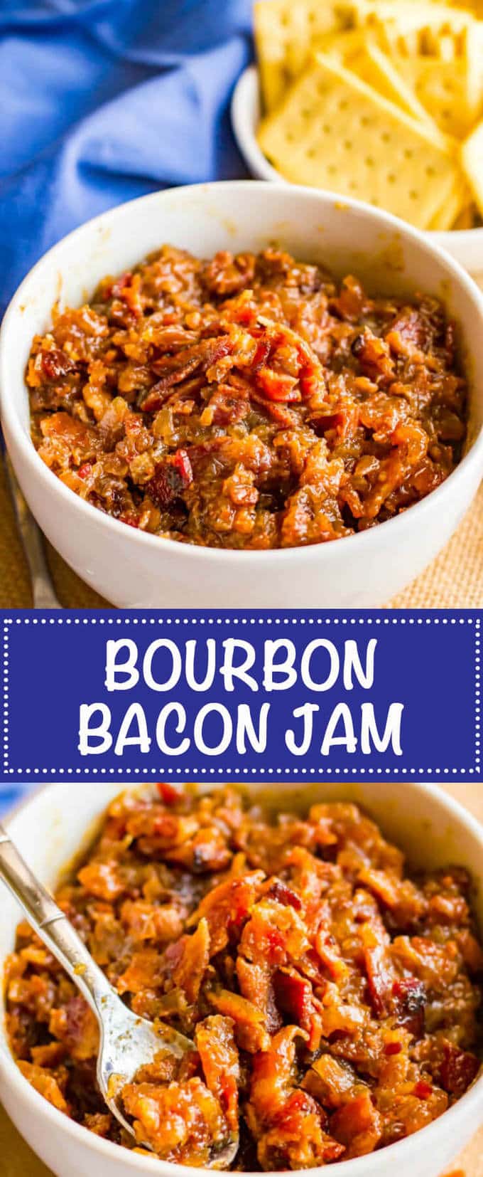 Bourbon bacon jam is a salty-sweet spread with big bacon flavor that’s perfect for an appetizer with some cheese and crackers or on burgers or sandwiches or in salad dressings or soups! | www.familyfoodonthetable.com