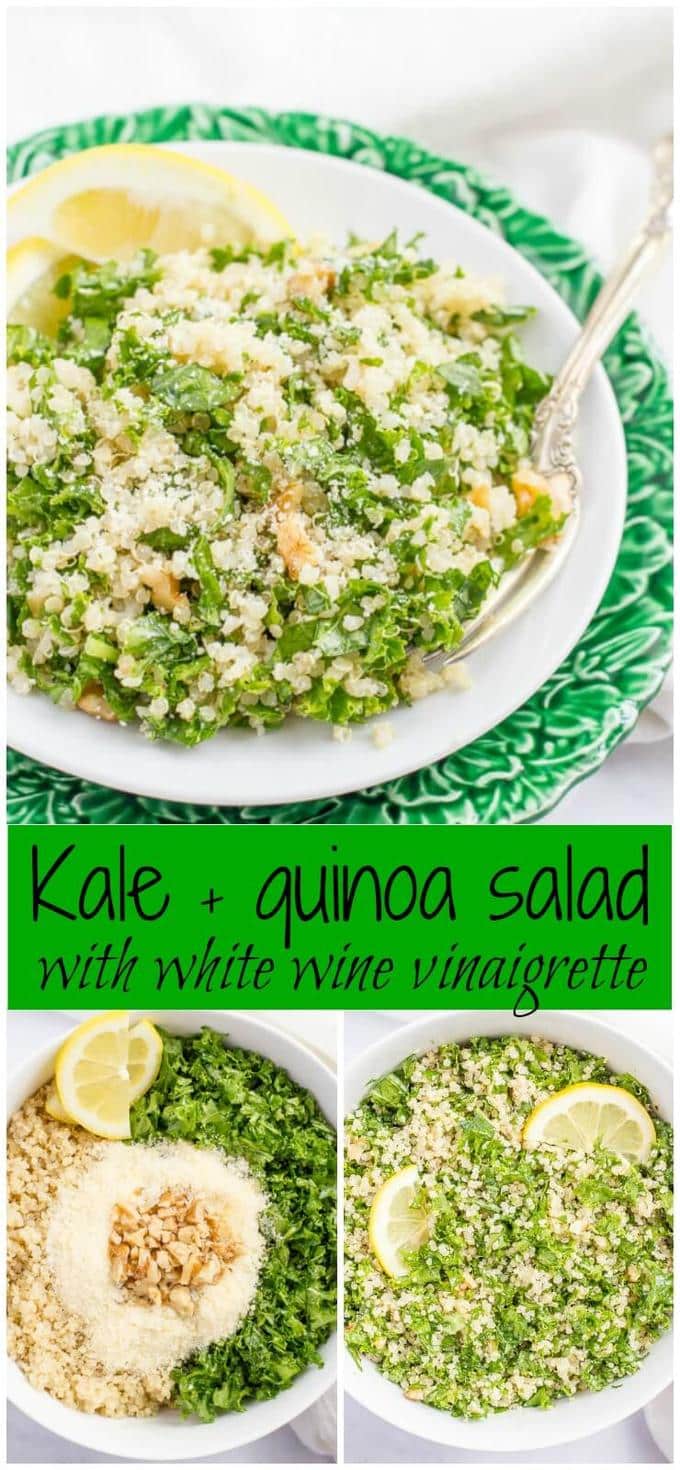 Kale quinoa salad with chopped walnuts, grated Parmesan cheese and a white wine vinaigrette is a light, fresh and healthy side dish! #kale #quinoa #healthyrecipes #healthysalads #salad