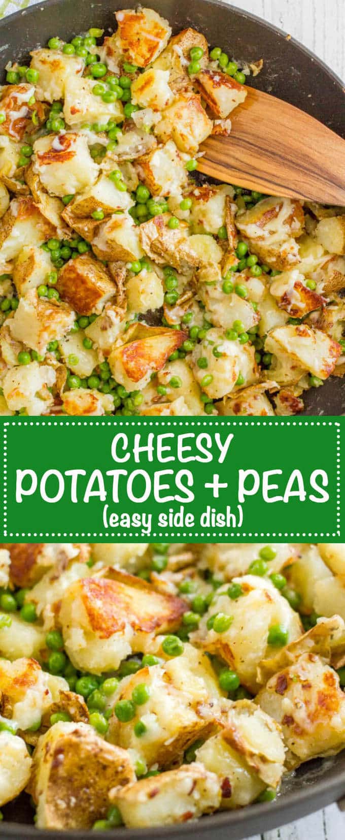 Easy one pan cheesy potatoes and green peas is a fast and delicious side dish, perfect for weeknight family dinners! | www.familyfoodonthetable.com