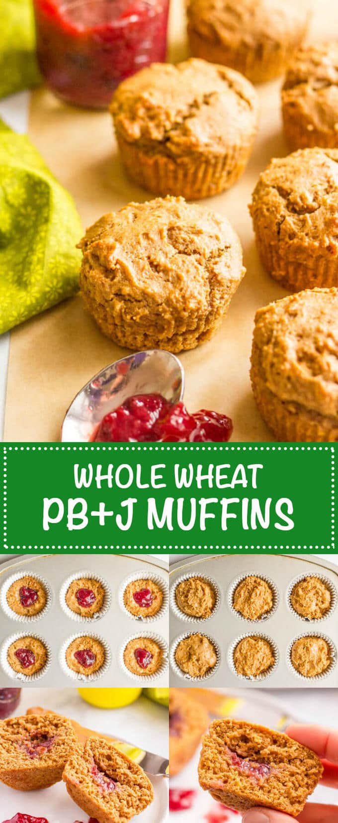 Healthy peanut butter and jelly muffins are whole wheat and naturally sweetened, with no butter or oil but plenty of peanut butter flavor and a fun jelly center! A fun kids breakfast, snack or school lunch addition!