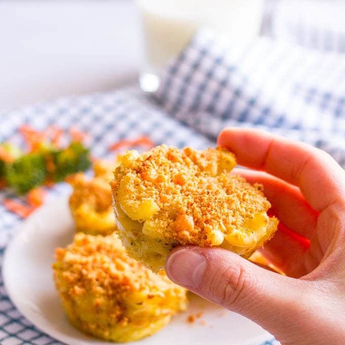 Veggie mac & cheese muffins have 3 vegetables and 3 kinds of cheese, plus a crunchy topping! | www.familyfoodonthetable.com