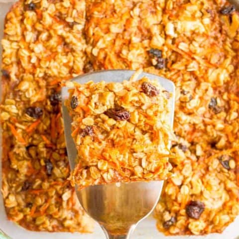 Carrot cake baked oatmeal is naturally sweetened and loaded with walnuts and raisins for a healthy make-ahead breakfast! | www.familyfoodonthetable.com