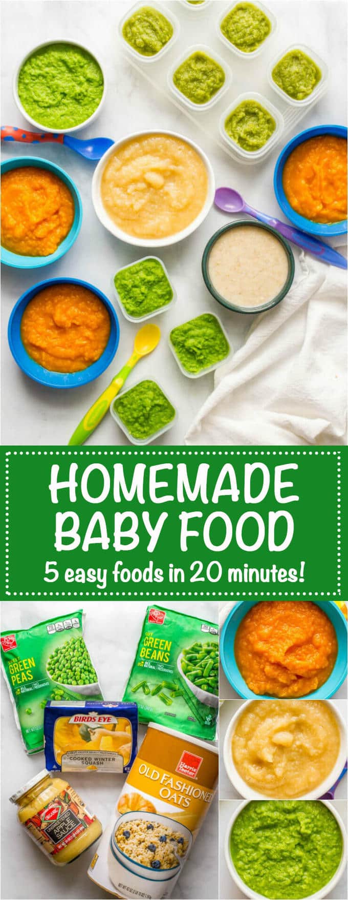 Homemade baby food peas green beans applesauce butternut squash oatmeal