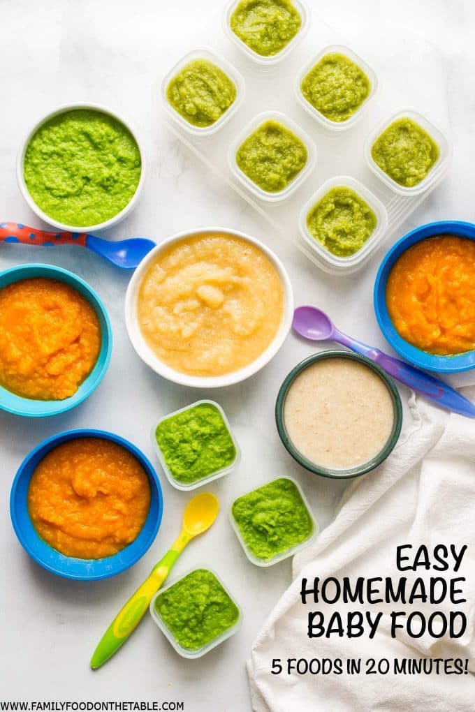 Homemade baby food - make 5 easy, beginner foods in just 20 minutes! Peas, green beans, applesauce, butternut squash and oatmeal | www.familyfoodonthetable.com