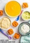 Homemade baby food -- 5 easy, beginner foods ready in just 20 minutes! How to make quinoa, peaches, avocado, pumpkin and cottage cheese purees! | www.familyfoodonthetable