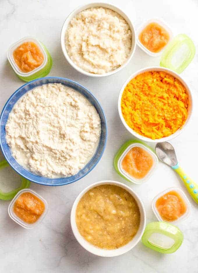 Homemade baby food sweet potatoes, brown rice, chicken, pears and banana purees are great staples to introduce for young babies and to use for combinations for older babies and toddlers!