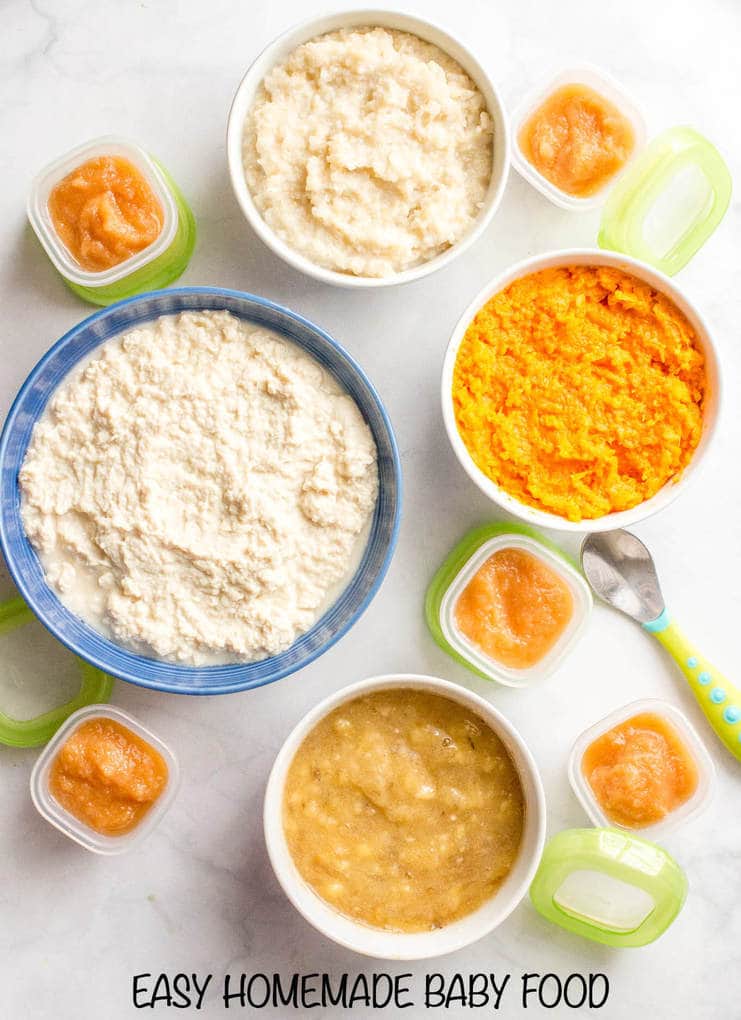 Homemade baby food: Sweet potatoes, brown rice, chicken, pears and