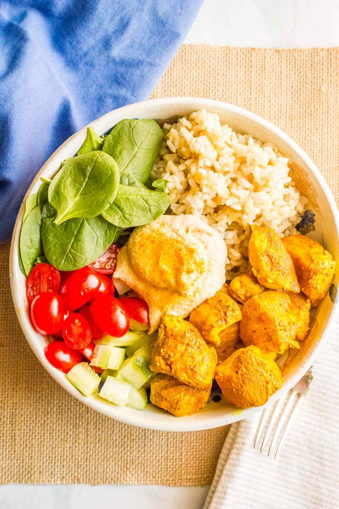 Turmeric chicken bowls with rice and hummus Family Food on the Table