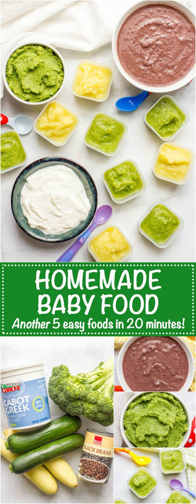 Homemade baby food -- easy how to for broccoli, zucchini, squash, black beans and yogurt, all in just 20 minutes! | www.familyfoodonthetable.com