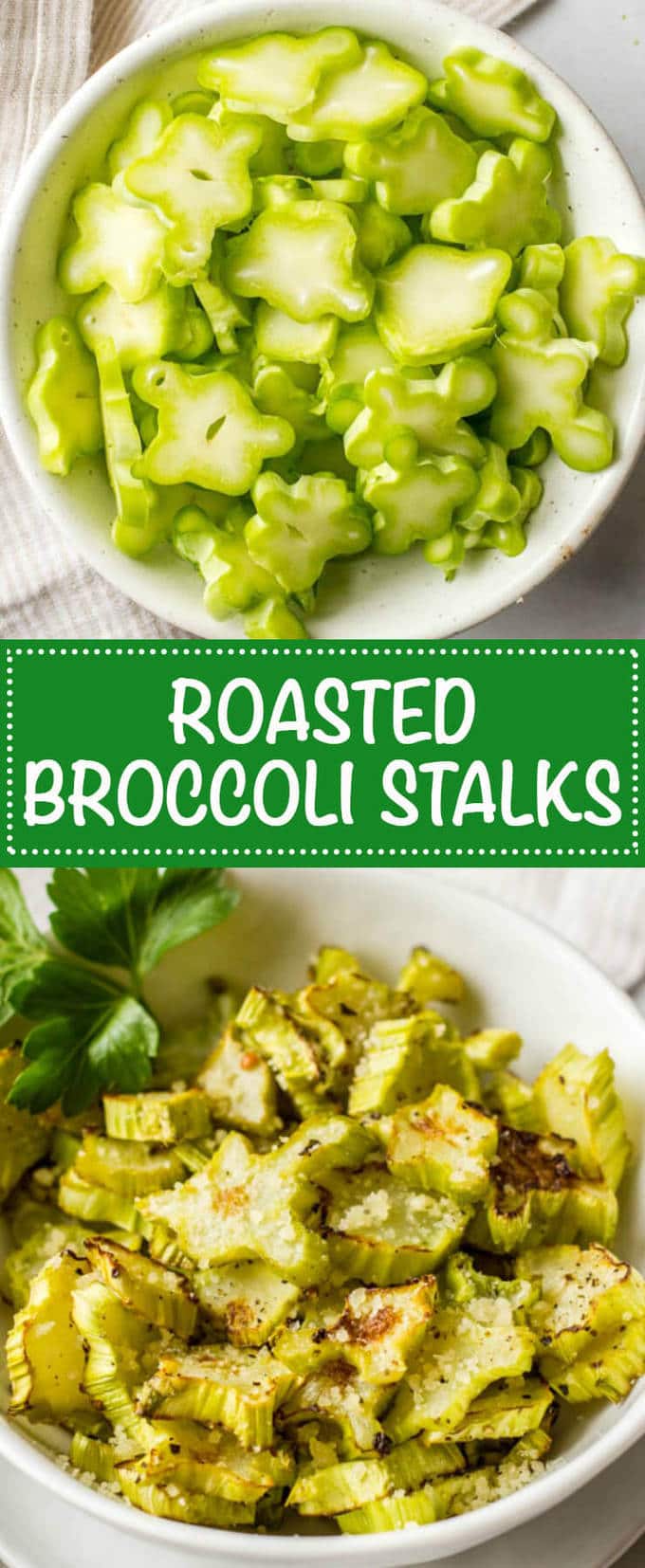 Roasted broccoli stalks — or coins — are a great + tasty way to incorporate broccoli stems and reduce food waste! | www.familyfoodonthetable.com