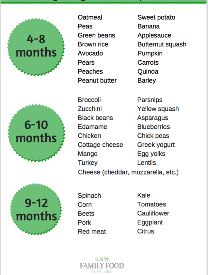 Homemade baby food introducing solids schedule -- a sample schedule of what baby foods to introduce at different stages | www.familyfoodonthetable.com