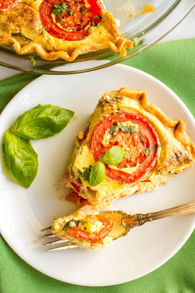 Easy tomato breakfast tart with basil + two cheeses - a great brunch recipe for company!