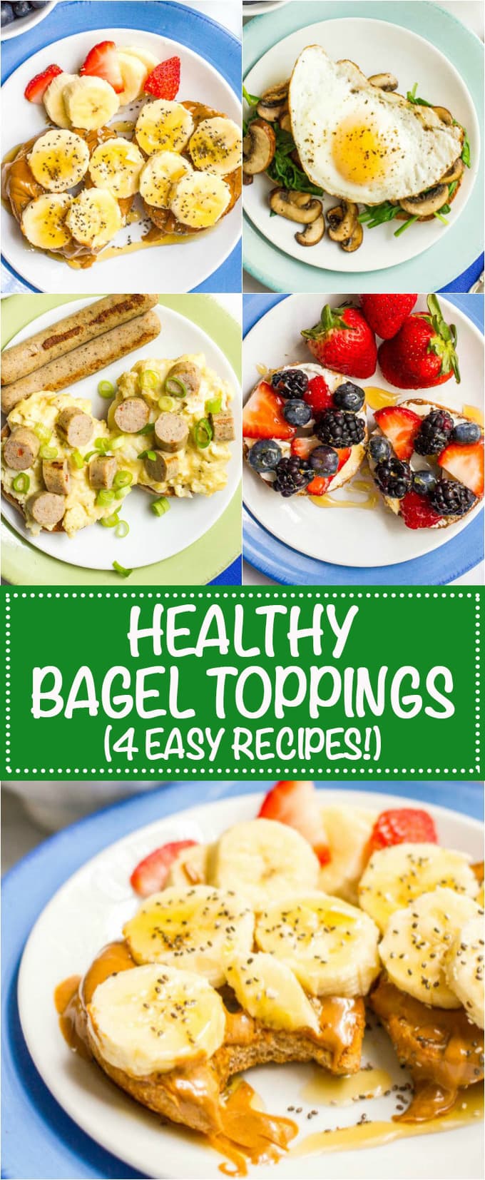 Healthy bagel toppings, 4 ways - two sweet and two savory - for a whole lot of breakfast time deliciousness! | www.familyfoodonthetable.com