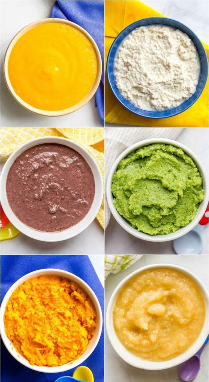 A collage of six different homemade baby food puree combinations.