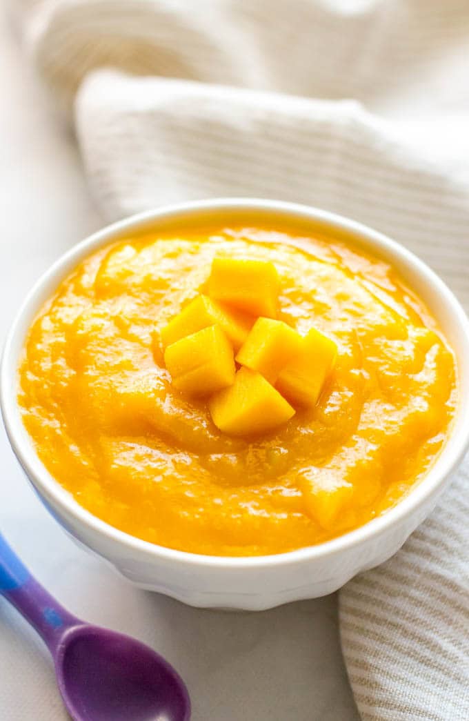 Homemade baby food mango puree