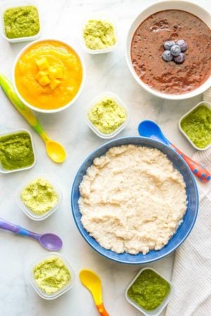 Homemade baby food barley, asparagus, edamame, blueberries and mango are 5 easy, healthy baby foods that can all be made in just 20 minutes! | www.familyfoodonthetable.com