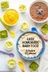 Separate bowls and small containers of different homemade baby food purees, including apricot and blueberry purees and a blue bowl of pureed barley, with colorful baby spoons scattered about.