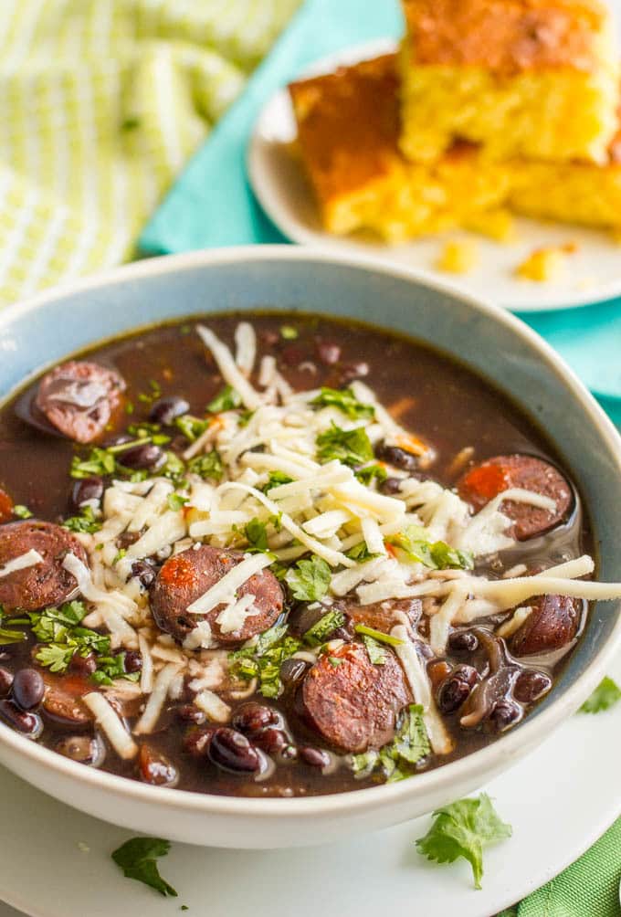 Slow cooker black bean chorizo soup is an easy-to-prep dinner with deep, rich flavors - perfect for a cozy night in! | www.familyfoodonthetable.com