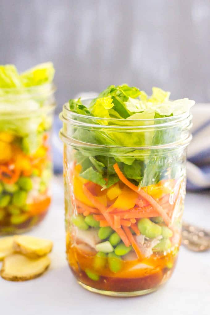 Asian chicken mason jar salad is a great, easy, healthy make-ahead lunch!