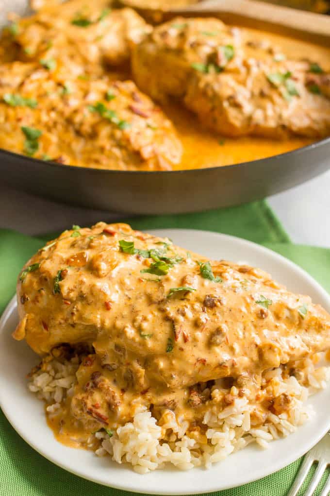 Creamy chipotle chicken dinner served with rice