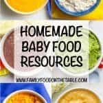 A collage of different baby food purees, including mango, oatmeal, black beans, applesauce and more.