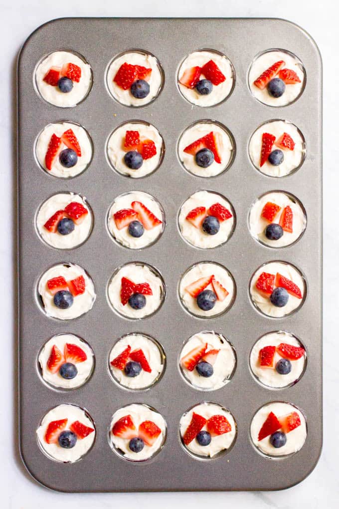 Red white and blue lightened up mini cheesecake bites