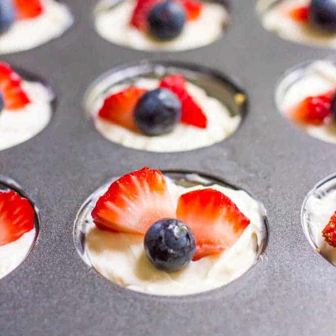 Healthy no bake mini cheesecake bites close up in mini muffin tin