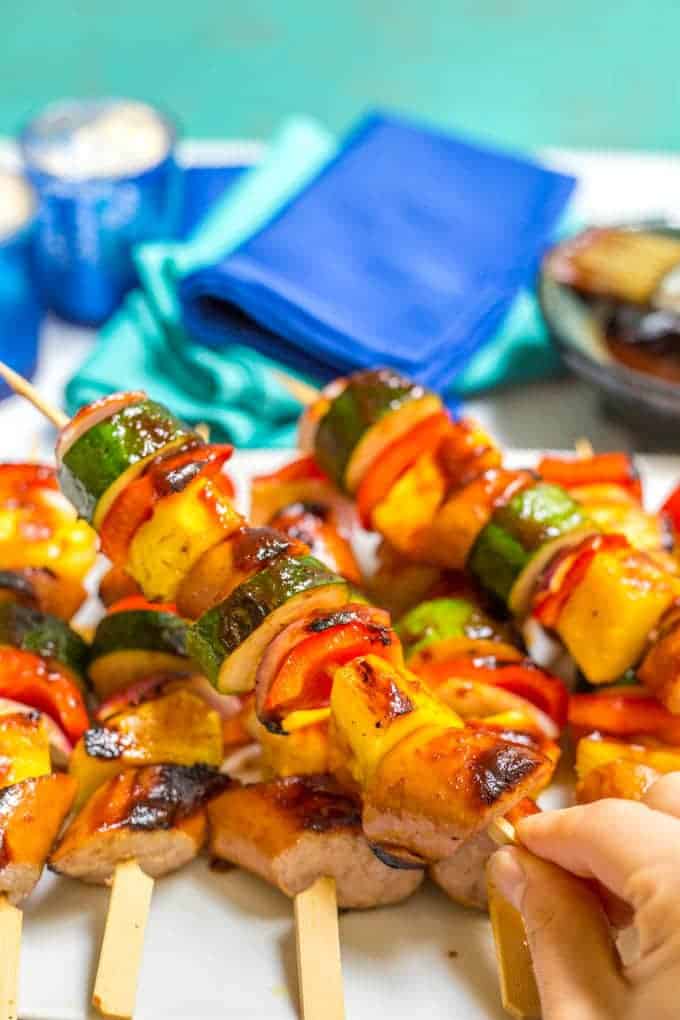 Sausage pineapple kabobs with BBQ sauce are a quick, no-marinade kabob recipe that’s perfect as an easy, flavorful summer appetizer or dinner! #kabobs #sausage #pineapple #grilling