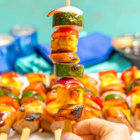 Sausage pineapple kabobs with BBQ sauce are a quick, no-marinade kabob recipe that’s perfect as an easy, flavorful summer appetizer or dinner! | www.famillyfoodonthetable.com