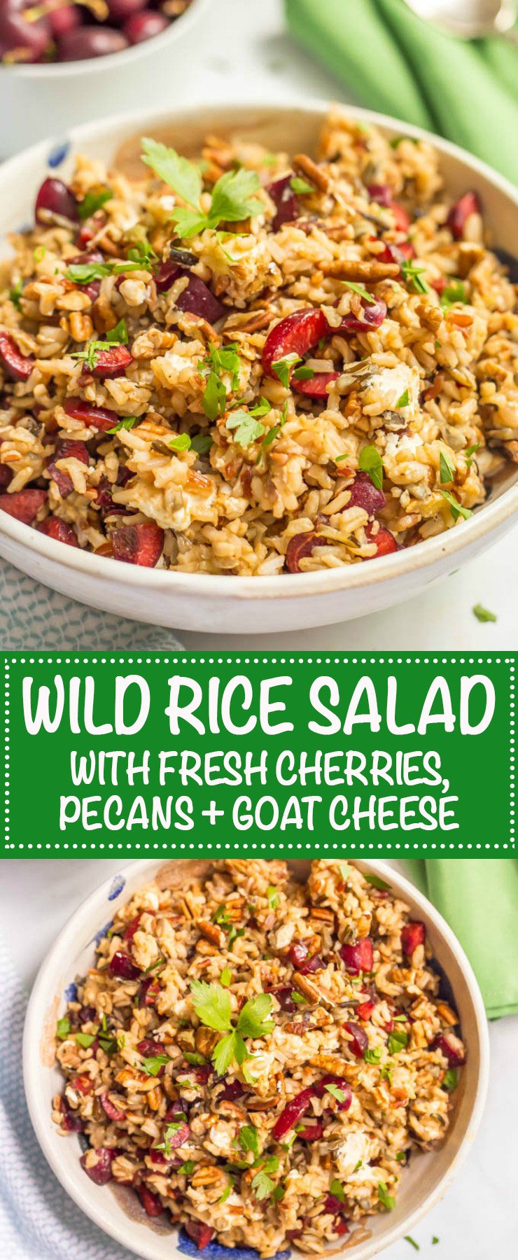 Wild rice salad with fresh cherries, pecans and goat cheese is a perfect, easy summer side dish! | www.familyfoodonthetable.com